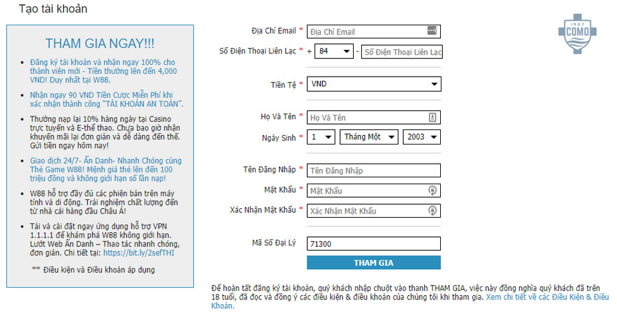 Cách tạo tài khoản W88