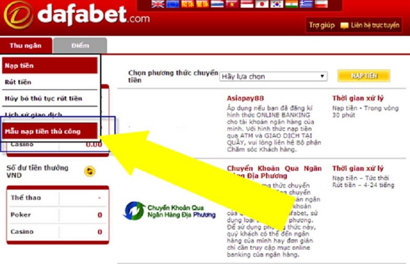 Hướng dẫn cơ bản các thao tác nạp tiền tại nhà cái Dafabet