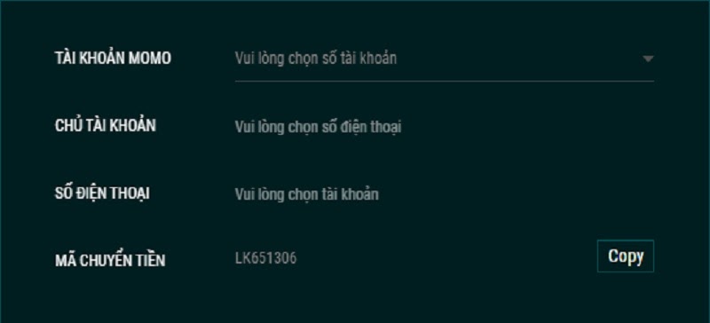 Biểu mẫu nạp tiền Momo đơn giản