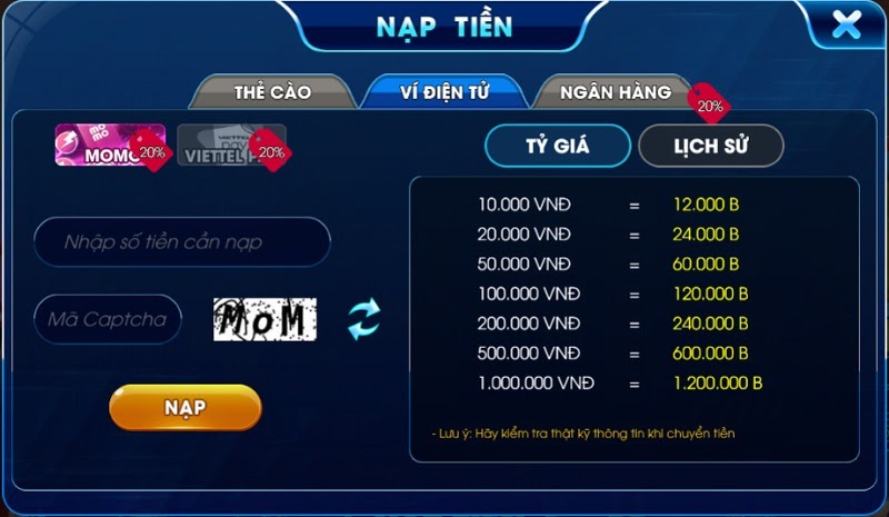Nạp tiền Bon Club