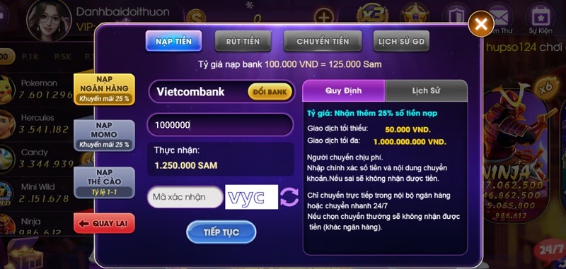 Nạp tiền Sam86 Vip