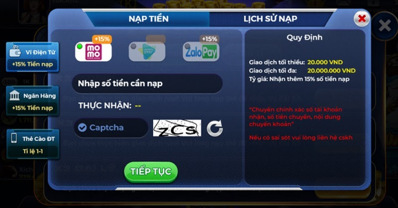 Nạp tiền Bạch Kim Club