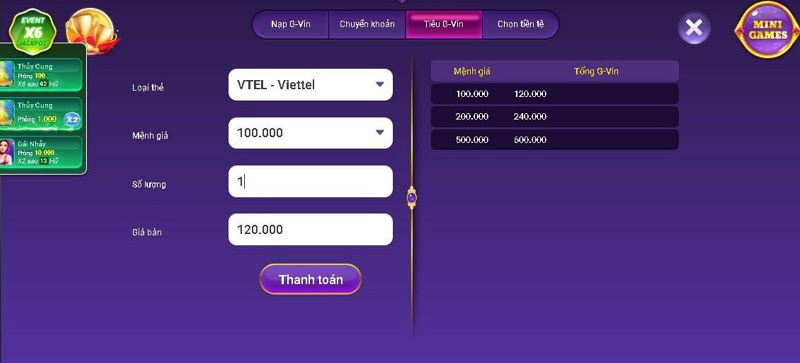 Rút tiền G88 qua thẻ cào