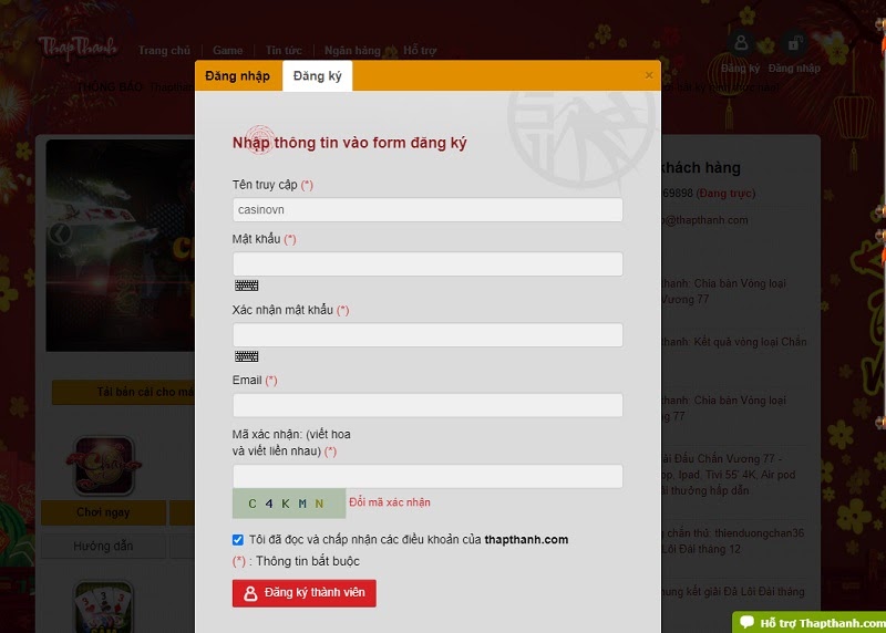 Đăng ký tài khoản tại cổng game bài đổi thưởng ThapThanh