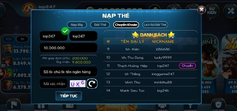 Nạp tiền Big Club