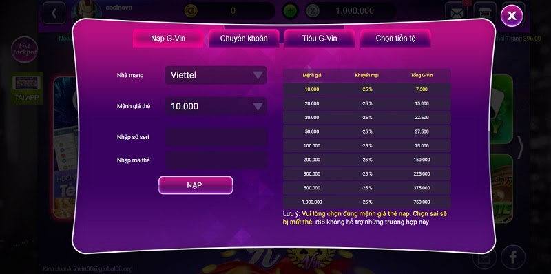 Nạp tiền tại sân chơi đổi thưởng R88 Club