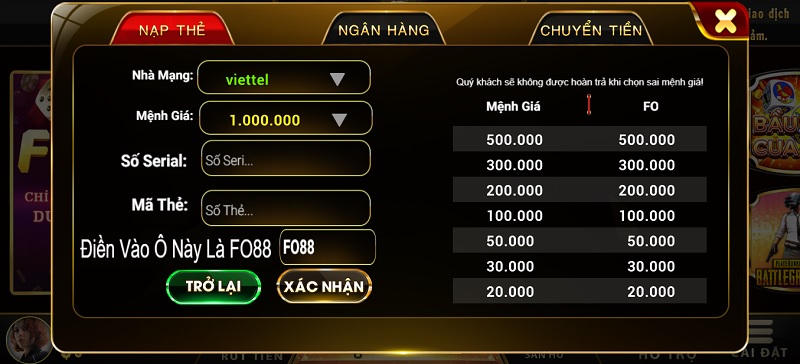 Nạp tiền Fo88 Club