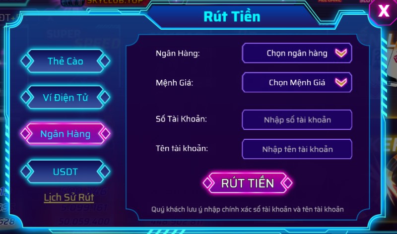 Rút tiền Sky Club