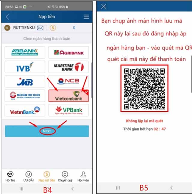 Quét mã QR bằng Internet Banking