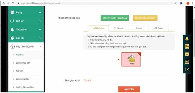 Giao diện chuyển khoản nhanh tại LOTO188