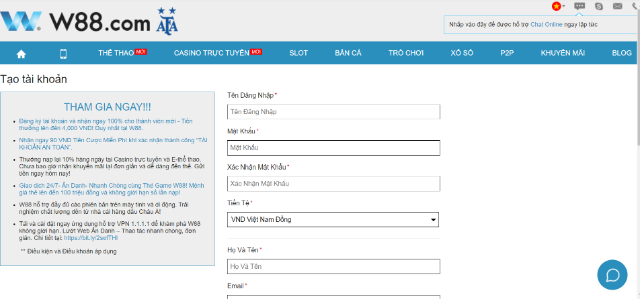 Cách tạo tài khoản tại nhà cái W88