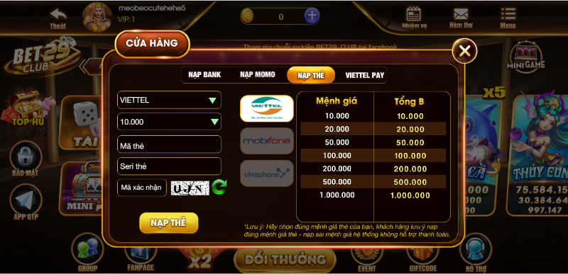Hướng dẫn cách nạp tiền vào tài khoản Bet29 Club