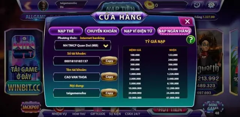 Hướng dẫn nạp tiền tại Winbit